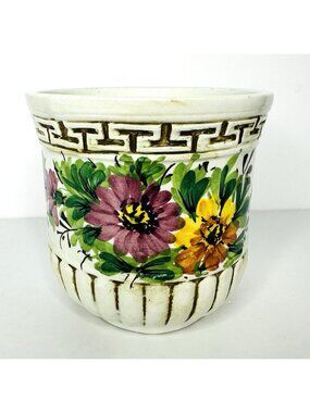 Vintage Italian Pottery Cachepot Planter Floral Hand Painted 5” Italy Cottage